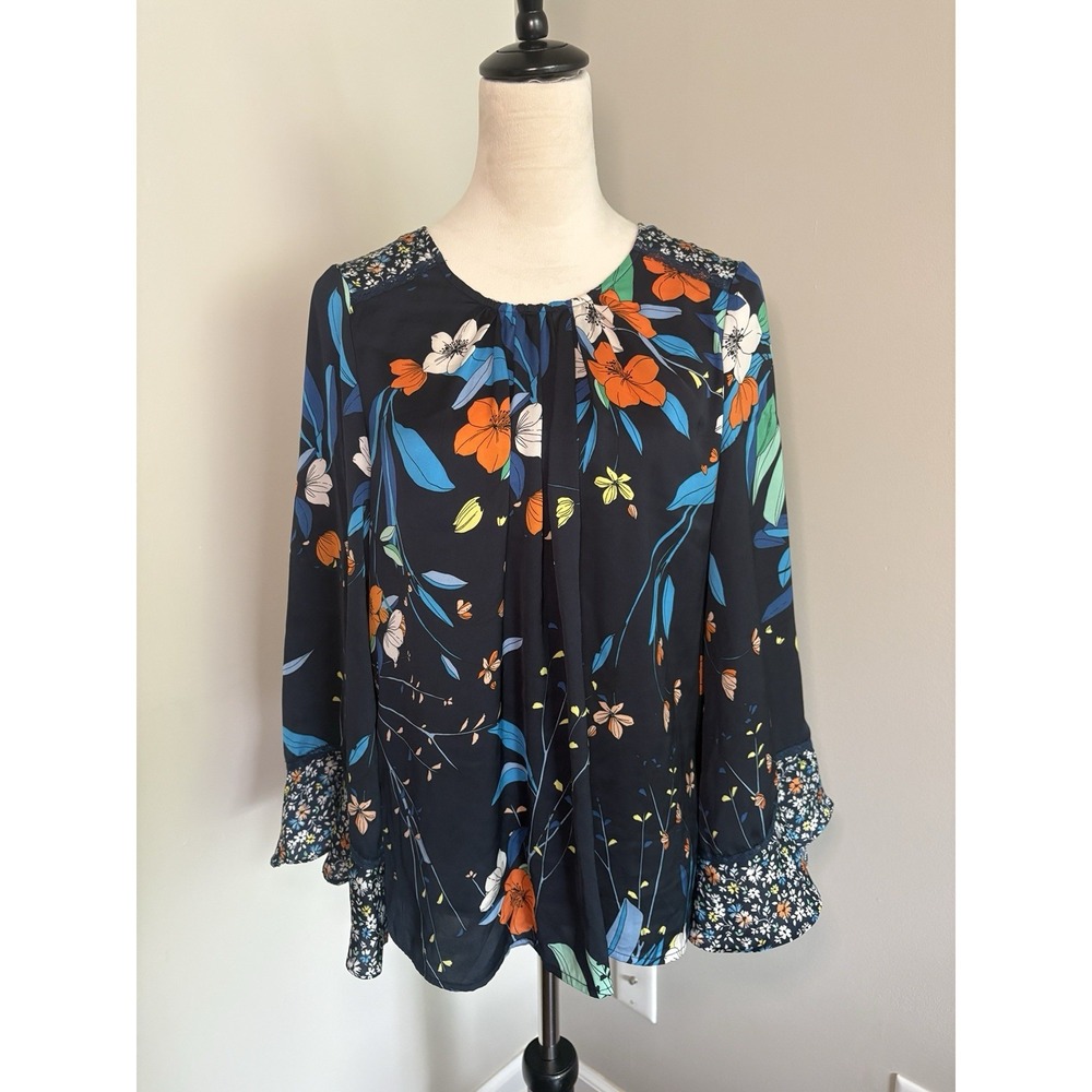 Nanette Lepore Chiffon Floral Blouse Top Navy Blue Ruffle Sleeve Medium Boho